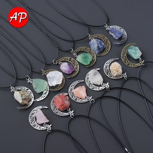 Natural Raw Crystal Rolling Stone Pendants Rose Quartz Moon Necklace Aura Divination Energy Jewelry Handwork Gift