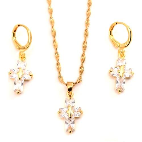 Gold plated cz cross Pendant Necklace chain Earrings sets Jewelry Gold Christian jewelry sets for women girl Best Jesus Gifts