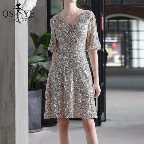 Silver Short Prom Dress Long Sleeves Mini Sequin Evening Gown V Neck Party Formal Gown Ruched Stretch Women Short Dress Vestido
