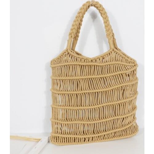 New Trendy Womens Striped Cotton Rope Straw Bag Weaving Hollow Net Pocket Beach Bag Casual Fashion Womens Bag