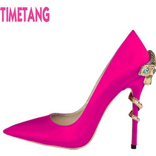 TIMETANG Sexy Pointed Toe Thin Heel Women Pumps Satin Snake Crystal Metal Decoration Party/Banquet/OL/Dress/Street Ladies Shoes