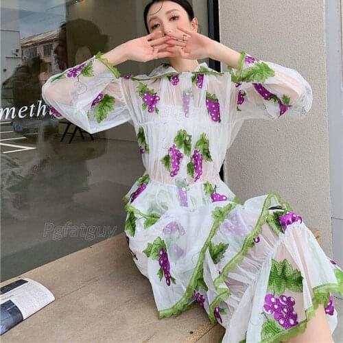 Women Elegant Grape Embroidery 2PCS Suits Female Romantic Sweet Retro Long Sleeve Mesh Shirt + Irregular Multi-layer Dress Set
