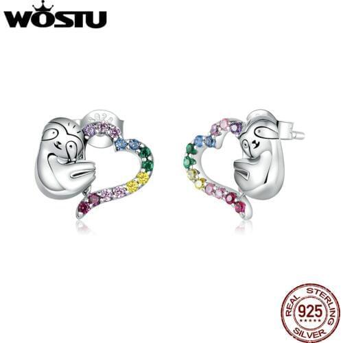Stud Earrings WOSTU Authentic 925 Sterling Silver Slow Sloth with Color Zircon Heart Women Earrings Stud Fine Jewelry CQE885