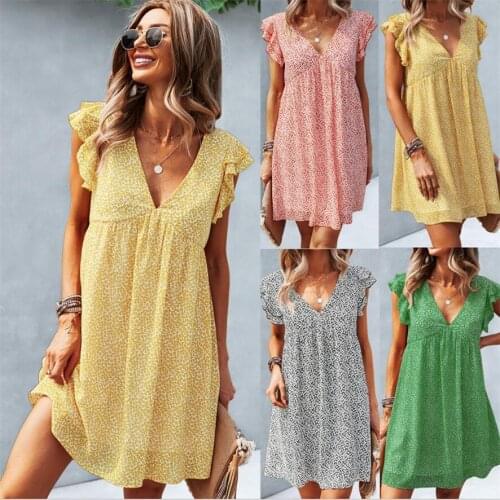 2021 New Summer Floral Print Dress Women Casual Butterfly Sleeve Ruffles A Line Mini Dresses Chiffon Sundress Robe