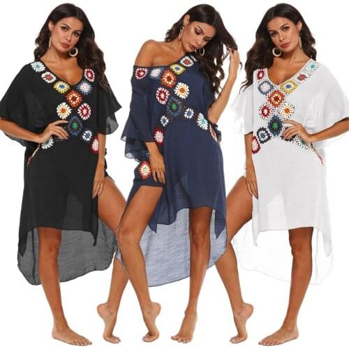 2021 White Crochet Hllow Out Women Beach Dress Cover-ups Swimsuit Cover Up Pareo Ups V Neck Dresses Bathing Suit for Women Tunic