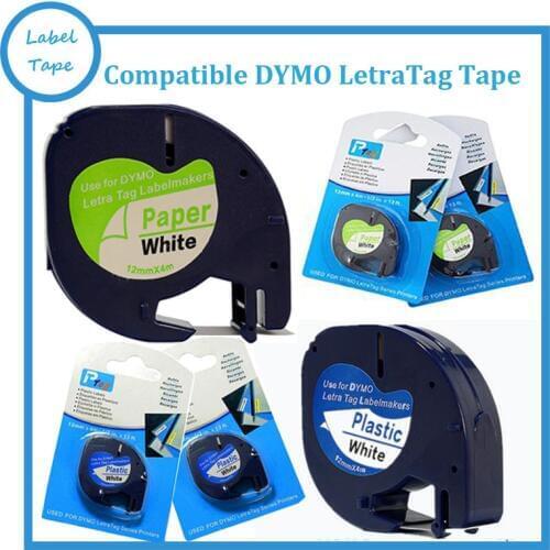 2PK DYMO LetraTag 12mm LT 91200 91201 one paper white and one plastic white compatible DYMO LetraTag Labeller