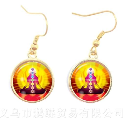 7 Chakra Symbols Earrings Glass Cabochon Magic Sign Zen Gift Jewellery Classic Flower Of Life Drop Earrings For Women Girl
