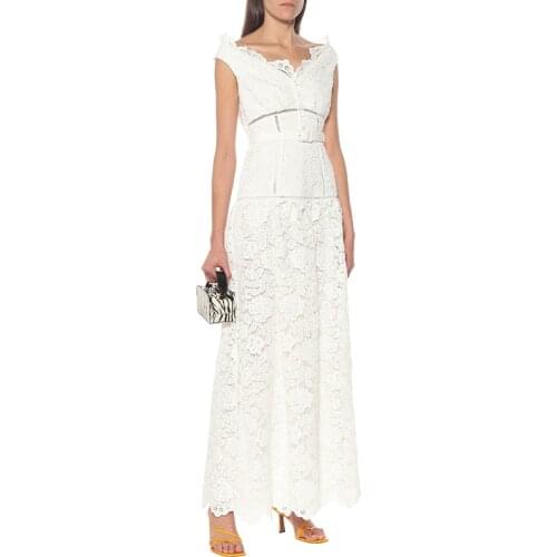 Ivory Floral Fine Lace Eyelet Embroidery Maxi Full Dress Off-The-Shoulder Cap Sleeve Belted Bridesmaid Event Occasion Long Gown