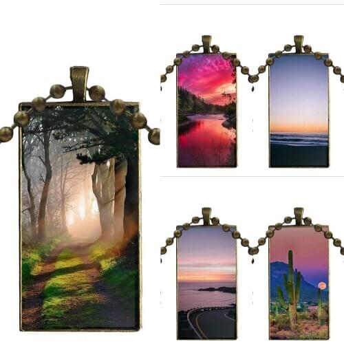 For Child Fashion Glass Cabochon Pendant Rectangle Necklace Choker Necklace Jewelry Daylight Free Sunrise And Sunset