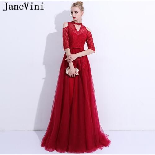 JaneVini 2018 Elegant Burgundy Long Bridesmaid Dresses A Line V Neck Beaded Half Sleeves Sheer Back Tulle Prom Gowns Sweep Train
