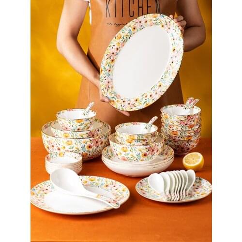 Joy Pastoral Bone China Dinnerware In-glaze Hand Drawn Dinner Plate Soup Bowl 12inch Fish Dishes 2pcs Flavor Saucers