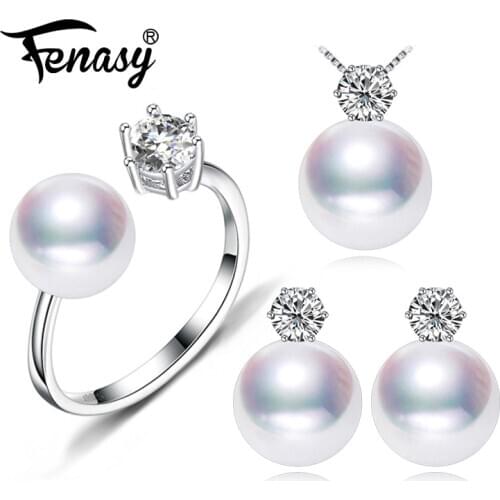 FENASY Freshwater Pearl Earrings Fashion Jewelry 925 Sterling Silver vintage Ring Statement Necklace set Jewelry Sets For women