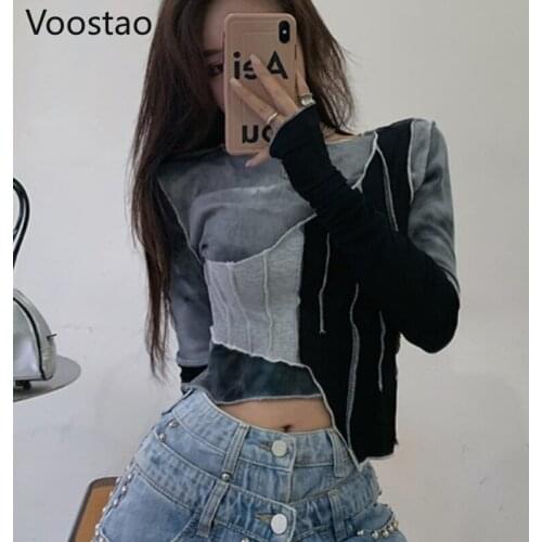 Gothic Irregular Sexy T-shirt Spring Summer Women Streetwear Patchwork Crop Tops Tee Autumn Female Korean Chic Long Sleeve Tops
