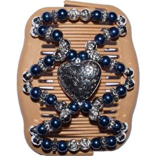 Big heart blue silver Beads 60 pcs / lot Magic Strecthy Hair Combs Double Clips Tuck Combs