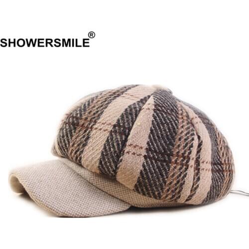 SHOWERSMILE Tweed Gabby Baker Boy Cap Plaid Newsboy Cap Vintage Hat for Women Beige Girls British Style Art Hat Winter Flat Cap