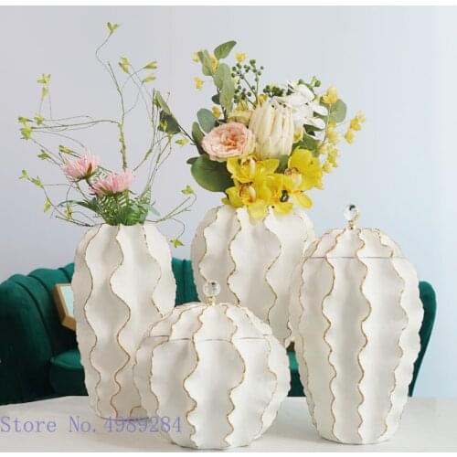 Ceramic Vase with Cover Wave Pattern Ceramic Storage Tank Desktop Storage Organization Home Decoration Flower Vase Accessories