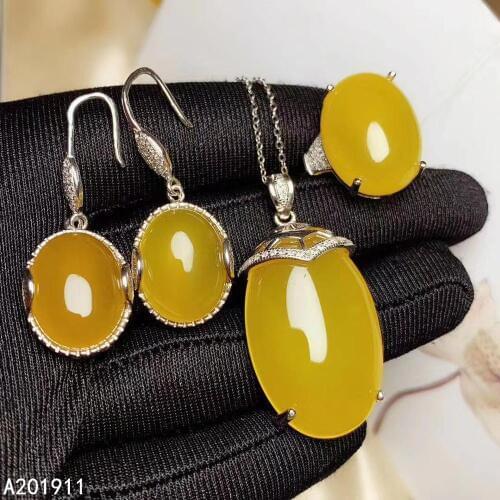 KJJEAXCMY fine jewelry 925 sterling silver inlaid Natural yellow Carnelian pendant ring earring womens suit support test noble