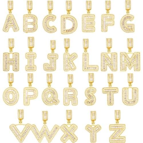 Fashion Initials Letter Pendant Necklace Men Hip Hop Jewelry Iced Out Baguette Inital Letter Pendant With Gold Rope Chain Gift