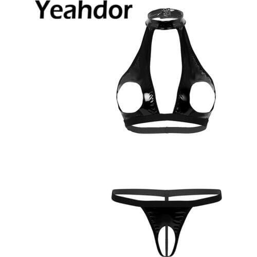 2Pcs Sexy Women Wet Look Faux Leather Lingerie Set Halter Neck Hollow Out Bust Bra Top with Crotchless G-string Briefs Underwear
