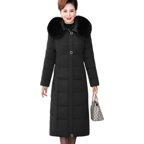 2019 Winter Womens Jacket Middle-aged Long Cotton Thicken Hooded Fur Collar Cotton Parkas Womens Winter Coat Plus Size XL-5XL