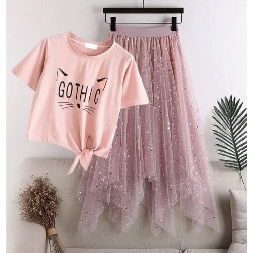 Summer New Kid Sweet T-shirt Skirts Sets Women Big Girl Leisure Mesh Clothing High School Student Fashion Pink Slimming Dresses