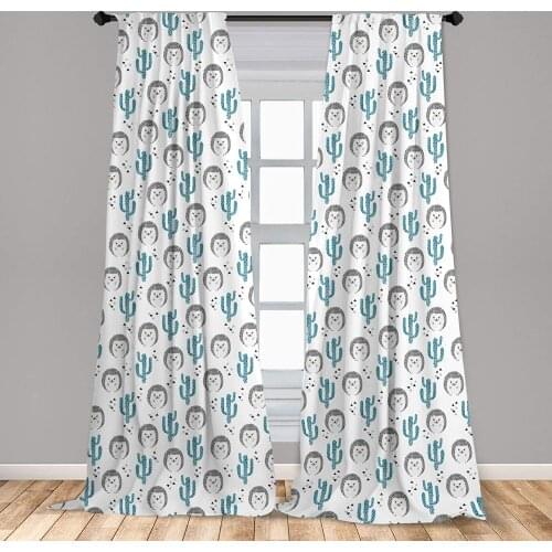 Cartoon Curtain Watercolor Hedgehog and Cactus with Tiny Triangles Window Curtain Living Room Bedroom