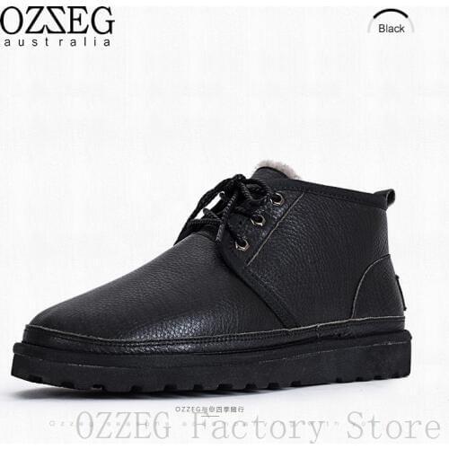 OZZEG Luxury Brand Men Snow Boots Real Leather Australia Ankle Boots Sheep Fur Winter Shoes Casual Lace-up Footwear size 44 OZ56