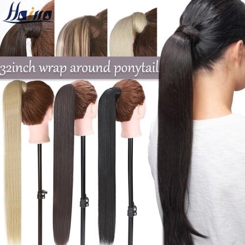 SNOILITE Long Straight Clip In Ponytail Hair Extension Synthetic Black Brown Overhead Tail Wrap Around Pony Tail False Hairpiece