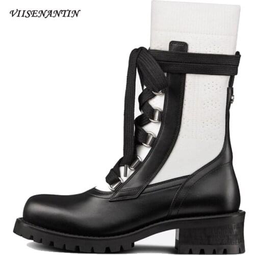 Autumn and Winter New Lace-up Black and White Color Matching Socks Boots Thick-heeled Thick-soled Mid-tube Elastic Thin Boots