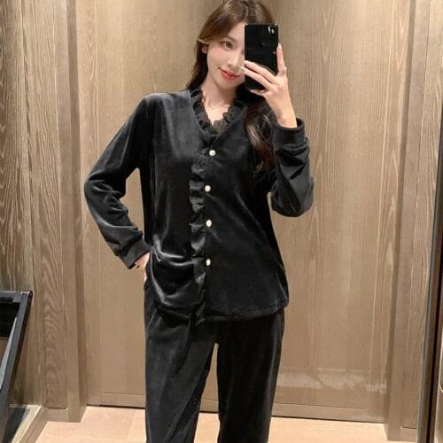 Autumn Winter Black Velvet Pajamas For Women Two Piece Set Long Sleeve V-neck Lace Sleepwear Warm Solid Home Suit Nightwear