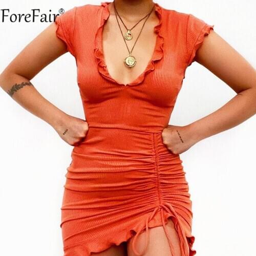Forefair V Neck Sexy Green Dress Mini Ruched Knitted Women Orange Summer Short Sleeve Solid Bandage Bodycon Dresses Casual 2021