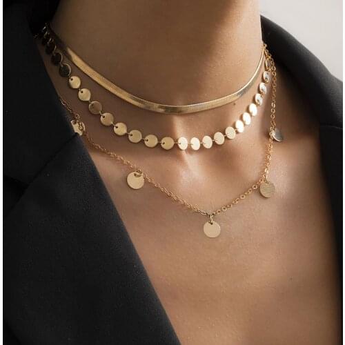 Vintage Gold Silver Color Snake Chain Necklace For Women Female Round Sequin Pendant Collar 2021 Fashion Multilevel Jewelry Gift