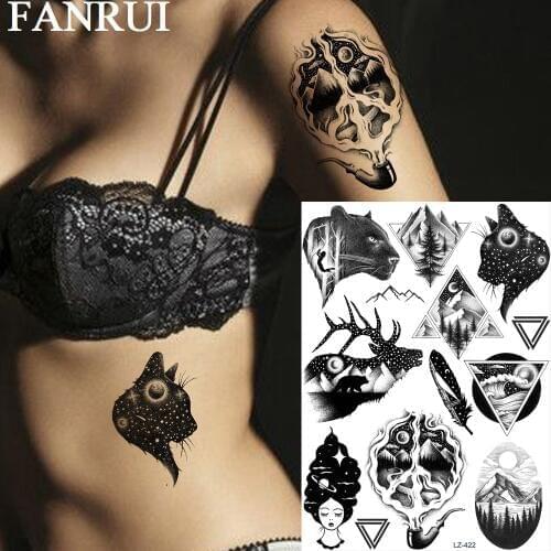 FANRUI Galaxy Cat Triangle Planets Temporary Tattoos For Women Sticker Fake Tatoos Body Art Custom Tattoo Black Fashion