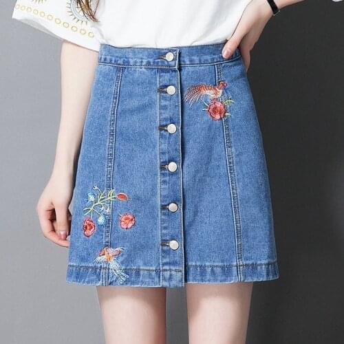 High Waisted Embroidered Denim Skirt for Women Button Straight Skirt Office Lady Elegant Knee Length Skirt Women Harajuku Skirts