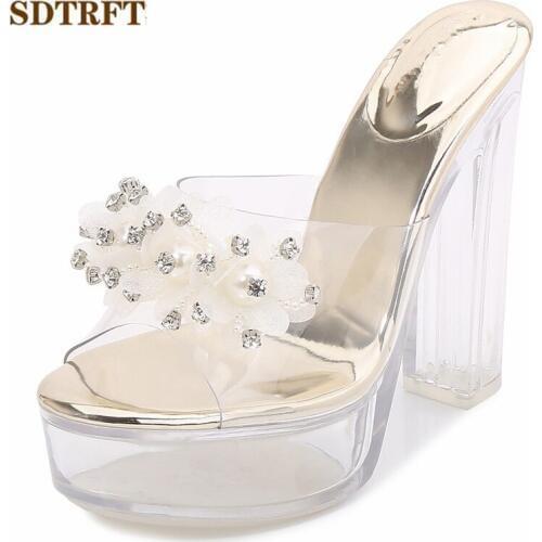 SDTRFT Summer ladies Nightclub shoes woman sandals Transparent Platform Sexy 13cm Thick High Heels PVC Pearl diamond Slipper