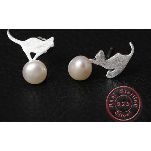 Amxiu Cute Cat Stud Earrings Freshwater Pearl Earrings 100% 925 Sterling Silver Earrings For Women Girls Accessories DIY Jewelry
