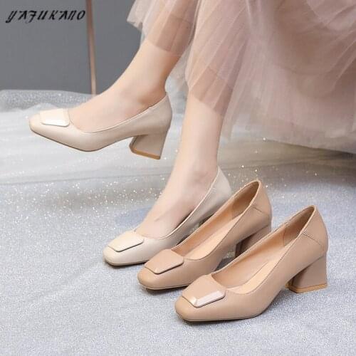 5 Cm Thick Heel Shallow Mouth Women Shoes Retro Square Toe Ladies Office Work Shoes Soft PU Leather Comfort Mid Heel High Heels
