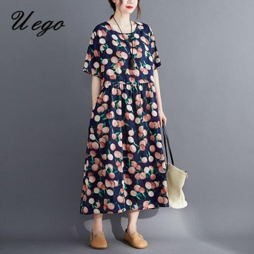 Uego 2021 New Arrival Thin Soft Cotton Linen Loose Summer Dress Print Floral Holiday Out Traval Casual Dress Women Long Dresses