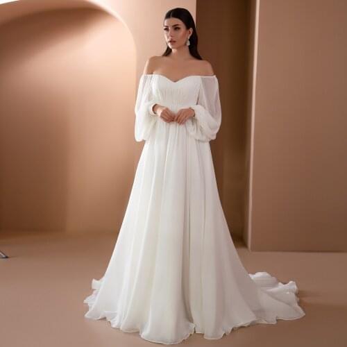 Cheap Wedding Dresses Chiffon Pleat Sweetheart Full Sleeve Zipper A-Line Bridal Gowns Novia Do 2021