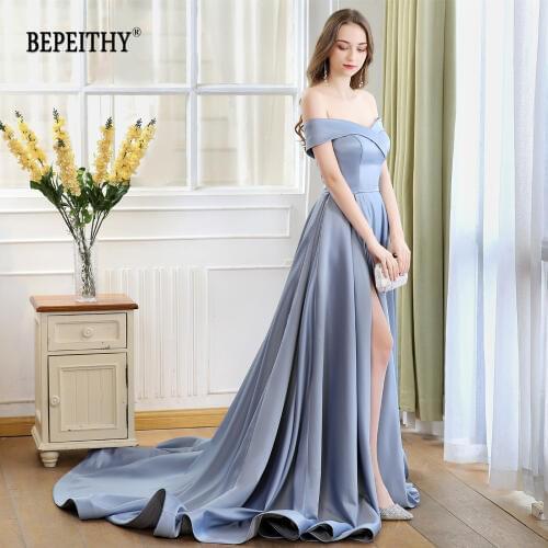2020 BEPEITHY Abiye Long Tail Dress Off The Shoulder Evening Dress Party Elegant Robe De Soiree Sexy Prom Dresses High Slit