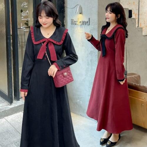 WomenS Spring Navy Collar Hit Color Bow Button Button Dress Plus Size Calf Length Casual Wear 100 Kg Can Be Worn