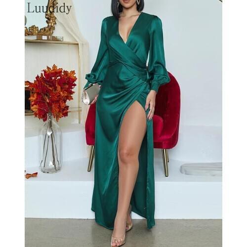 Women Green Satin Long Party Dress Sexy Lantern Sleeve High Slit Wrap Maxi Dress Vintage Vestidos