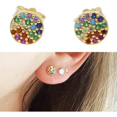 2021 Fine 925 Sterling Silver Dainty Delicate Round Charm Small Dots Multi Color Gold Round Rainbow Cz Stud Earring For Women