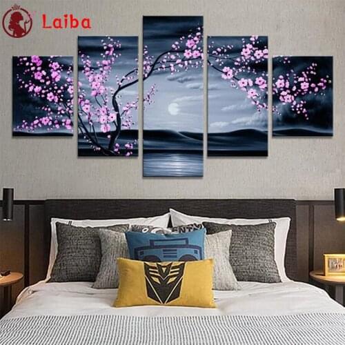 Diamond Embroidery Abstract pink flowers, branches Full Square round Diamond Mosaic Painting Cross Stitch Wall Decor5pcs
