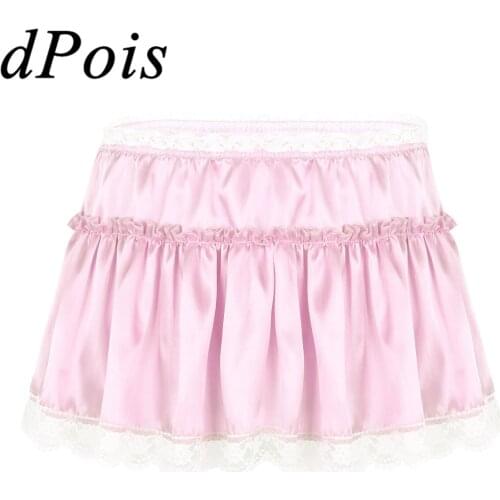DPOIS Mens Sissy Satin Skirt Lace Mini Short Skirt Hommes Ruffled Nightgown Crossdress Clubwear Homme Male Gay Sexy Fancy Dress