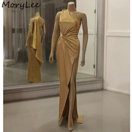 Gold Prom Dresses One Shoulder Side Slit Spandex Satin Mermaid Prom Dresses With Zipper Back vestidos de fiesta de noche