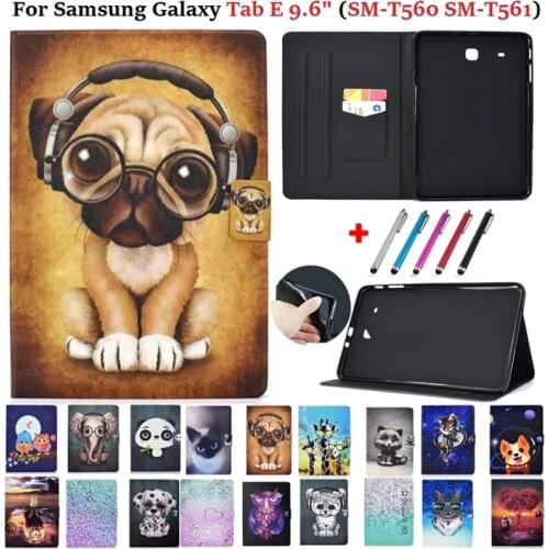Tablet Case For Samsung Galaxy Tab E 9.6" 2015 SM-T560 T561 SM-T561 T560 Smart Funda Cartoon Cat PU Leather Skin Tab E 9.6 Cover