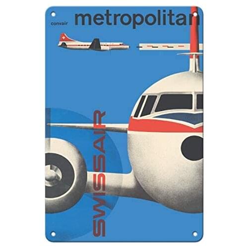 Convair Metropolitan Airliner (CV-440) - SwissAir - Airline by Kurt Wirth c.1956 Metal Tin Sign