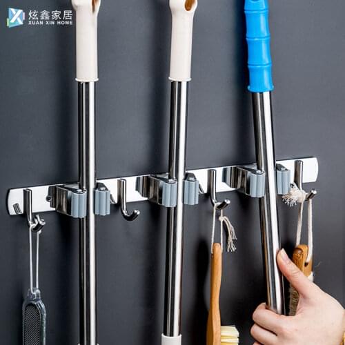 Broom Holder Mop Organizer Hanger Hook Kitchen Storage Rack Clip Garden Wall Mounted Practical Stainless Steel Storage Shelf