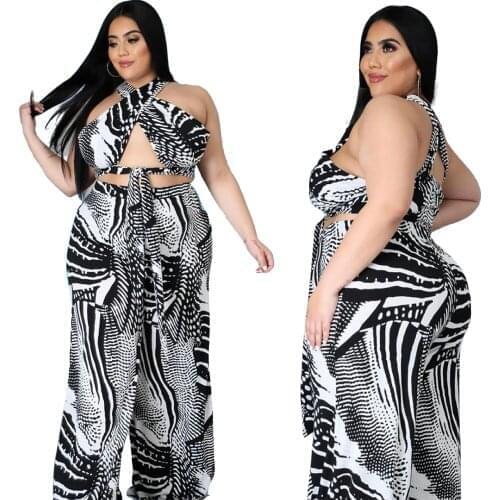 Drop-shipping Women Plus Size L-4XL Two Piece Sets 2021 Summer Halter Lace-up Crop Tops High Waist Loose Pants Clubwear Outfits